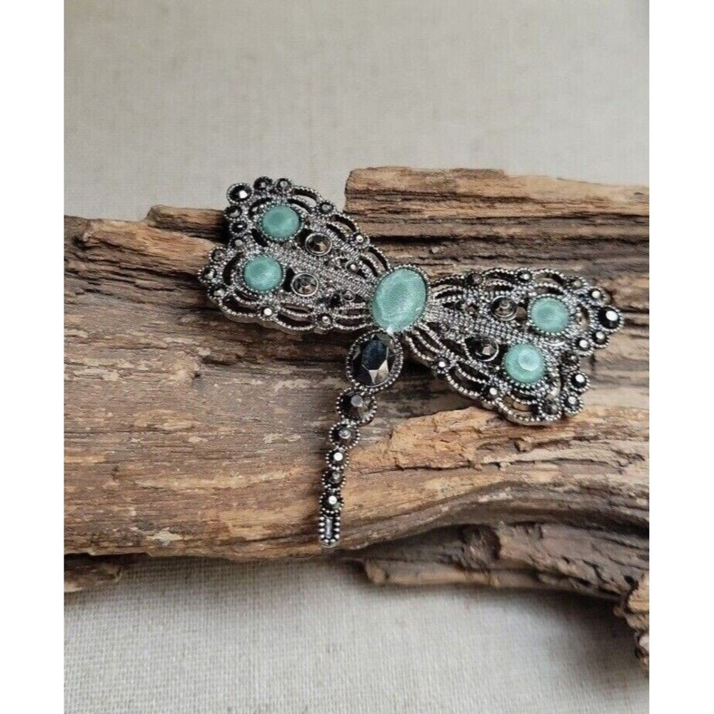 Vintage signed LC Liz Claiborne Dragonfly Brooch Pin Faux Faceted Marcasite Jade